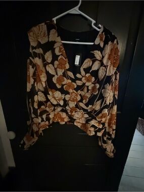 Express Floral Wrap Blouse - Black, Brown, Cream